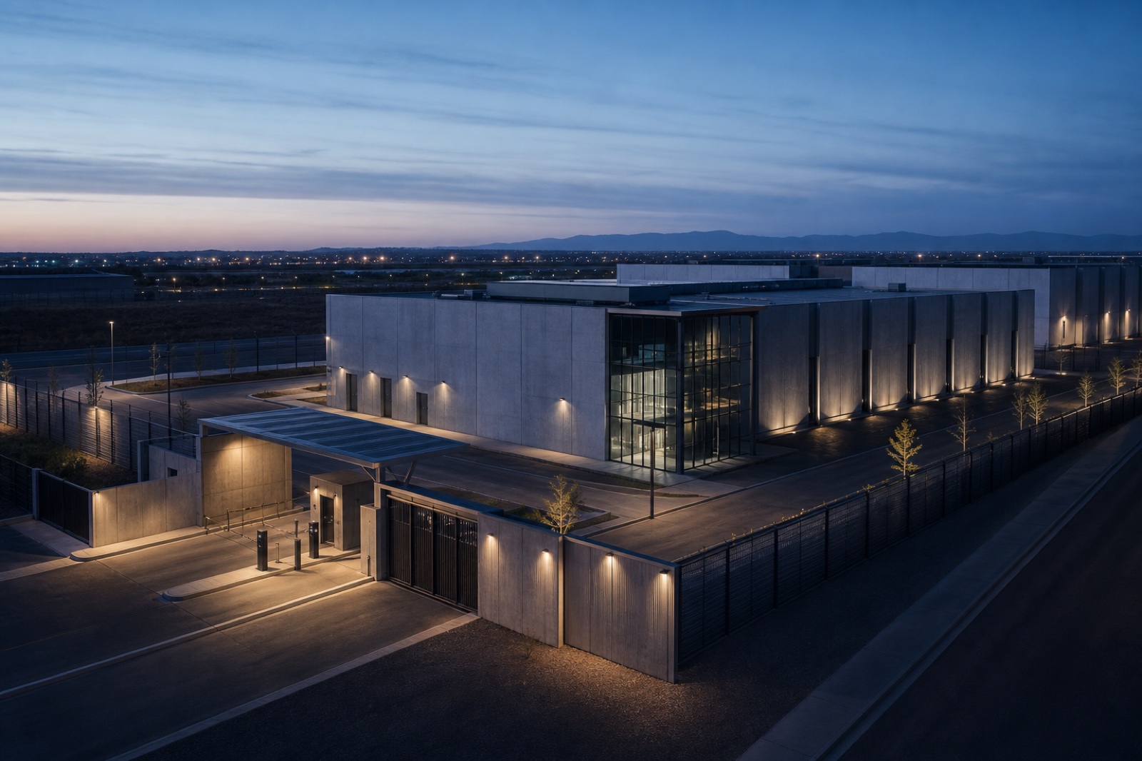 Secure infrastructure campus at blue hour with controlled entry.